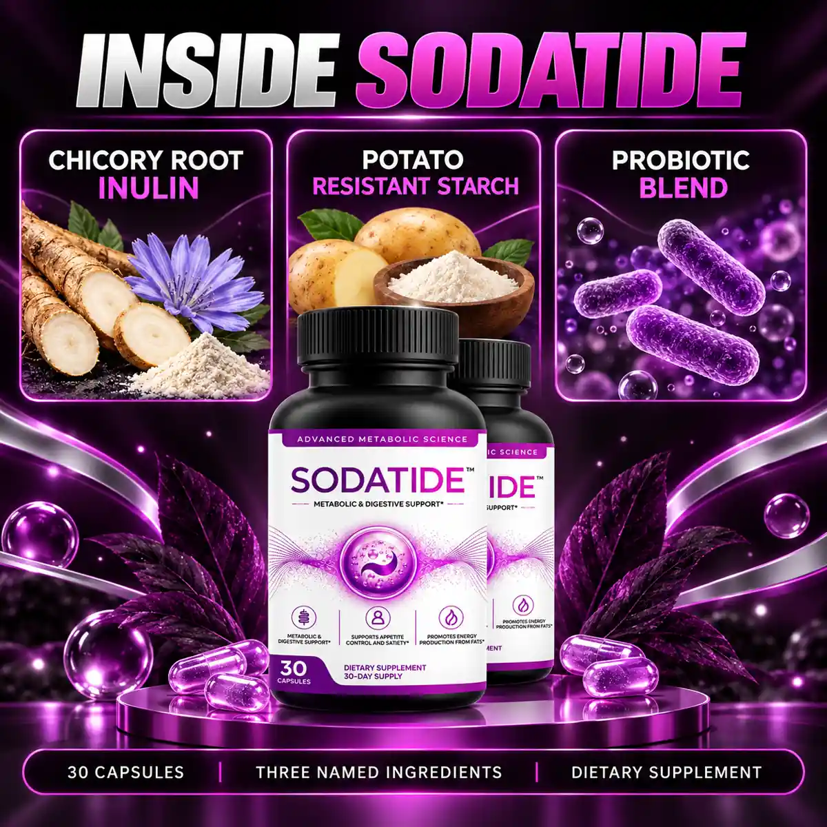 The INSIDE SODATIDE graphic naming chicory root inulin, potato resistant starch and a probiotic blend
