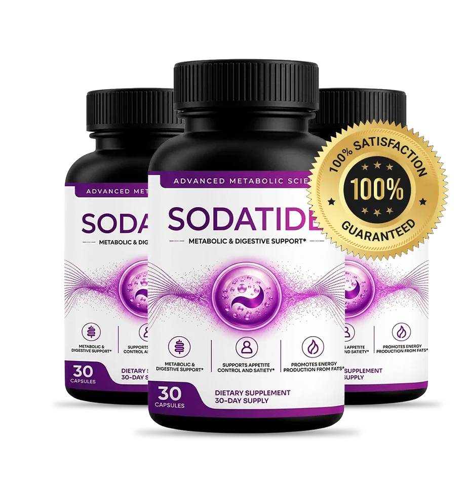 The SodaTide satisfaction seal beside a three-bottle pack